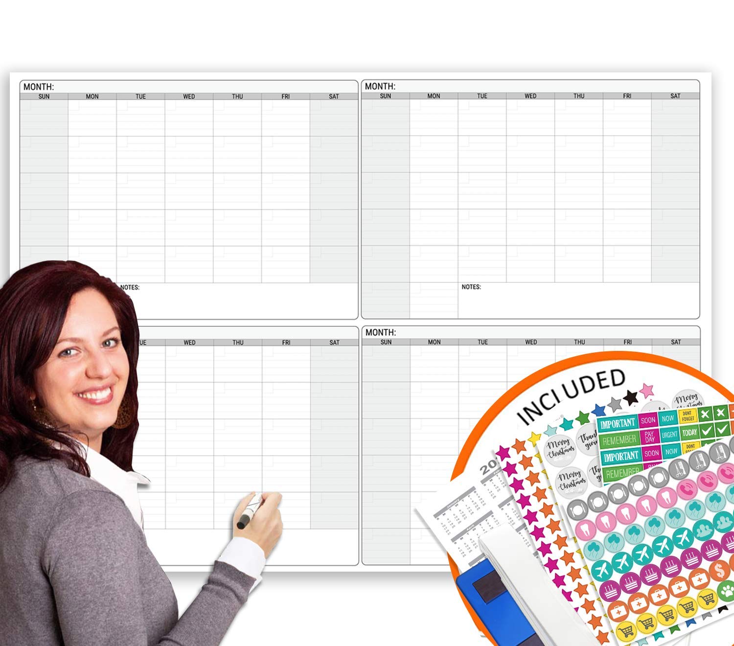 Dry Erase Four Month Laminated Jumbo Wall Calendar, 46" x 63", Huge Quarterly Laminated Erasable White Board, Giant 120 Day Family Whiteboard Schedule Planner, Large Multi Month Reusable Poster