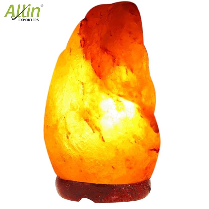 Allin Exporters Natural Himalayan Rock Salt Lamp with Wood Base for Lighting, Decoration and Air Purifying with Indenscent Bulb(Redish Brown)