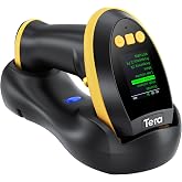 Tera Barcode Scanner 2D Wireless with Screen: Charging Cradle HW0009 Yellow | 3-Button Color Screen, Works with Bluetooth 2.4G USB, 2500mAh, 1D 2D QR Scanning, Retail Warehouse Library, PC Tablet Phone