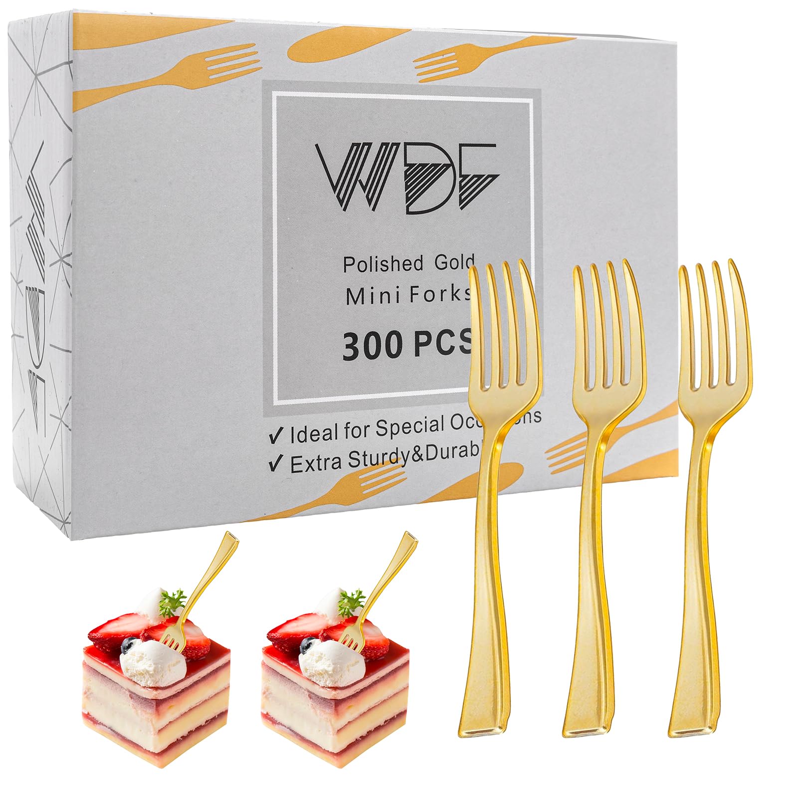 Photo 1 of WDF Disposable Plastic Mini Forks 300 Pieces 4 Inches | Gold Plastic Forks | Thanksgiving Heavy Duty Plastic Tasting Forks | Perfect for Small Appetizers and Desserts for Wedding/Party/Birthday