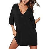 Ekouaer Women's Sleepshirt Deep V Neck Nightgown Batwing Nightshirt Oversized Sleepwear