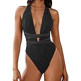 ZAFUL Women's One Piece Swimsuit Deep V Neck Ribbed Self Tie Sexy High Cut Bathing Suit Crisscross Back Swimwear