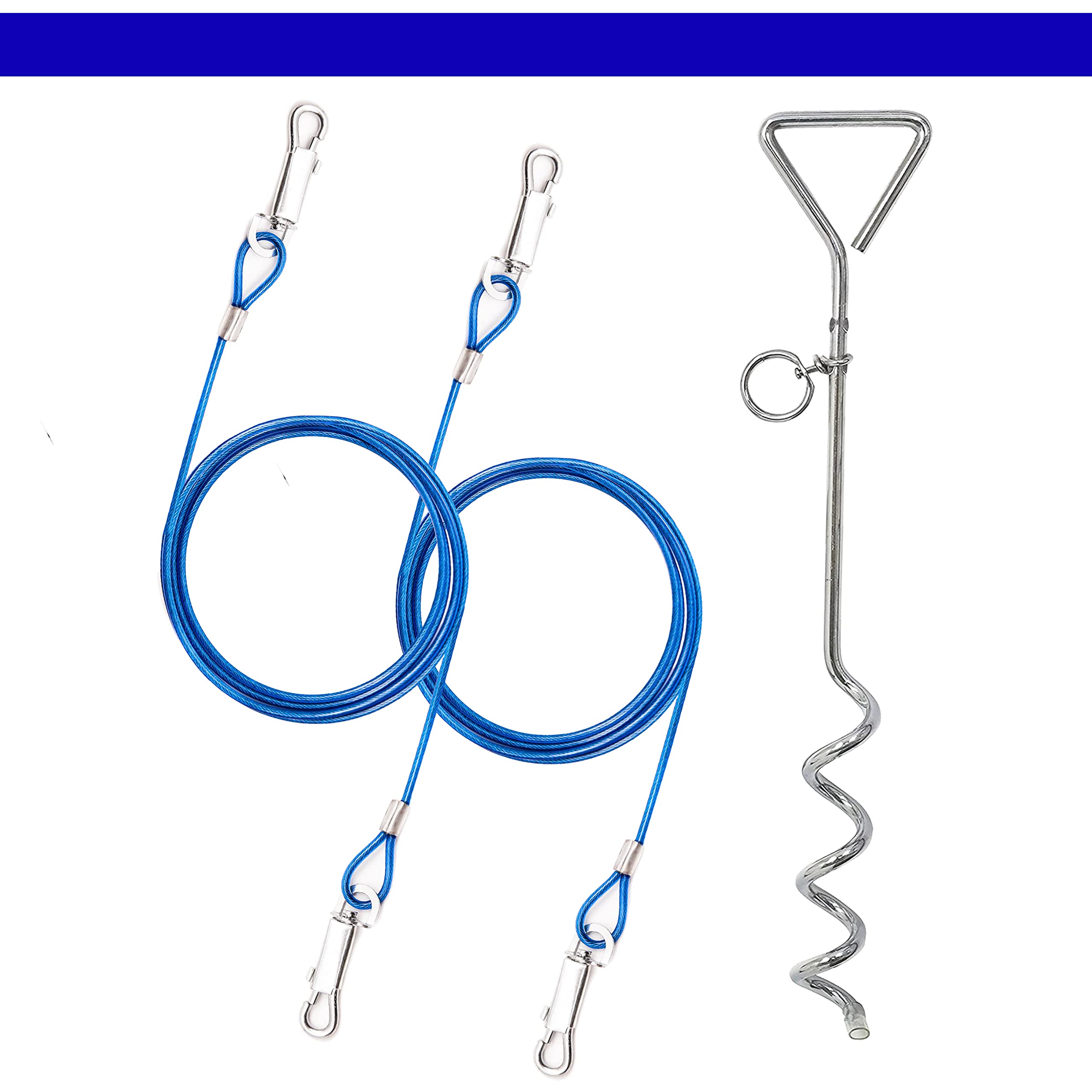 2 X 1.8m Dog Chains for Outside, Dog Tie Out Cable & Steel Spiral Heavy Duty (40cm) Ground Spike Stake Dog Tether Camping, (BLUE)