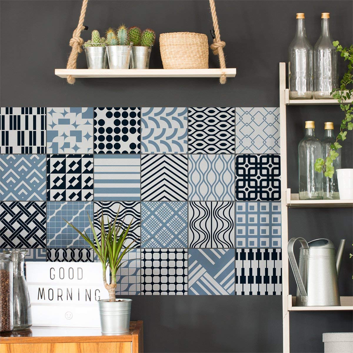 Ambiance Sticker Self-Adhesive Decorative Wall Decal Cement Tile for Bathroom and Kitchen Kiev - Pack of 9 Stickers of 20 x 20 cm