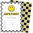 JarThenaAMCS 25 Set Smile Face Party Invitations with Envelopes Black Yellow Checkered Happy Face Paper Invites for Birthday Celebration Party Decor, 5 x 7 Inch