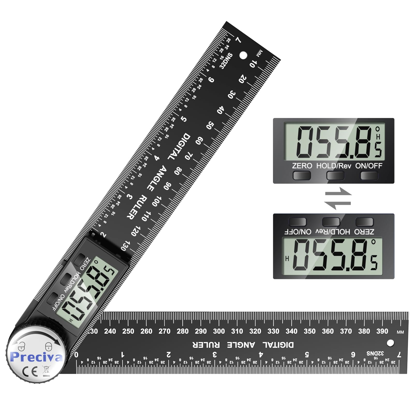 Preciva Digital Angle Finder Tool, 400mm Length Ruler Protractor, Internal & External Angles Measurement Tool, Woodwork Square Detector, Black