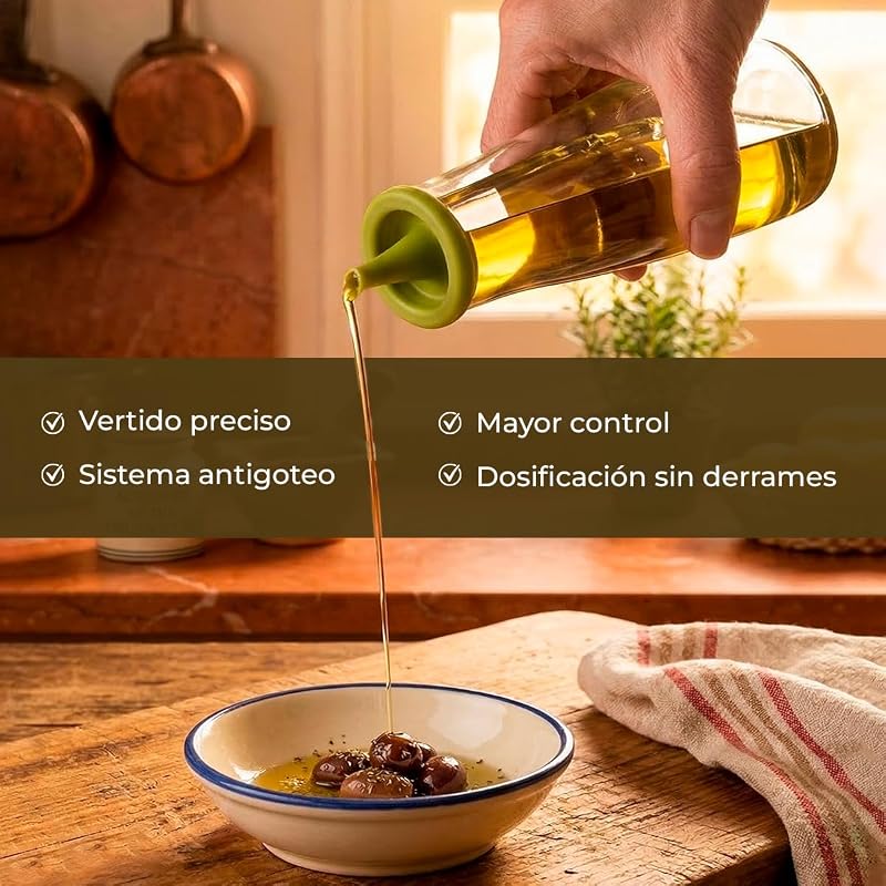 - Aceitera de Vidrio Borosilicato con Vertedor de Silicona - 250 ml - Ideal para Aceite, Vinagre y Salsas - Apta para Lavavajillas - Dosificador para Cocina y Mesa