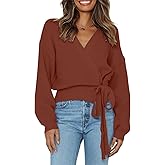 LANSALIRO Tie Waist Tops for Women V Neck Wrap Sweater Pullovers Fall Long Sleeve Going Out Sweaters