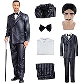 Men's 1920s Gangster Costume Wig Pinstripe Suit Blazer Jacket Shirt Pants Set with Necktie Halloween Cosplay Outfits