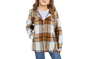 TYMIDY Girls Cute Flannel Plaid Button Down Top with Pockets Long Sleeve Hooded Jacket