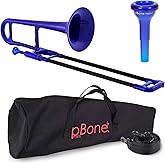 pBone Plastic Kids pBone Mini Trombone - Mouthpiece and Carrying Bag- Lightweight Versatile, Comfortable Ergonomic Grip- Eb Authentic Sound for Student &amp; Beginner- Durable ABS Construction- Blue