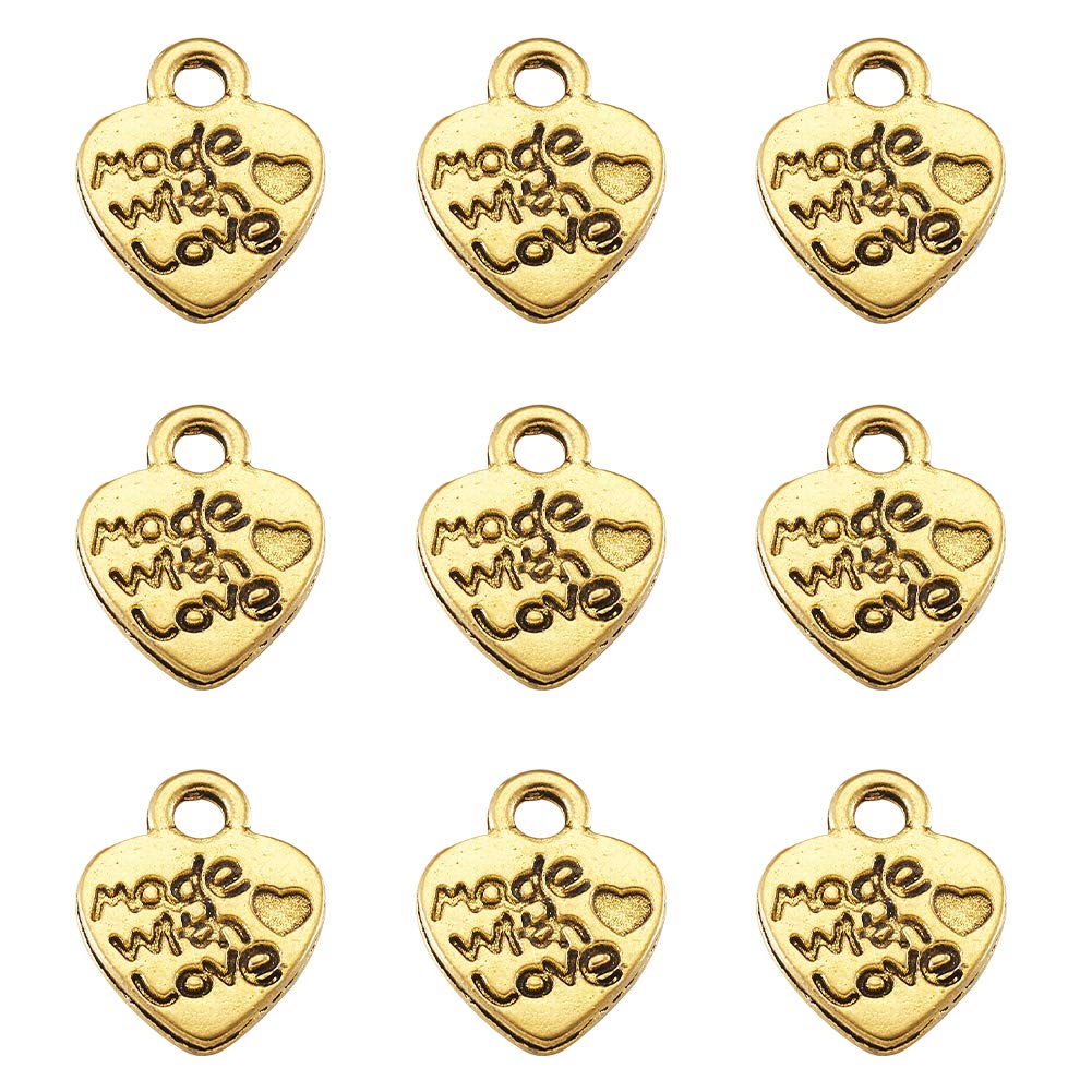 PandaHall 50pcs Tibetan Style Alloy Heart Charms Antique Golden Made with Love Charms Metal Dangle Pendants for DIY Necklace Bracelet Earring Jewelry Making, 12.2x10x1.8mm
