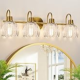 4-Light Bathroom Light Fixtures, 27" Brushed Gold Vanity Lights for Bathroom with Ribbed Clear Tulip Glass Shade, Vintage Bat