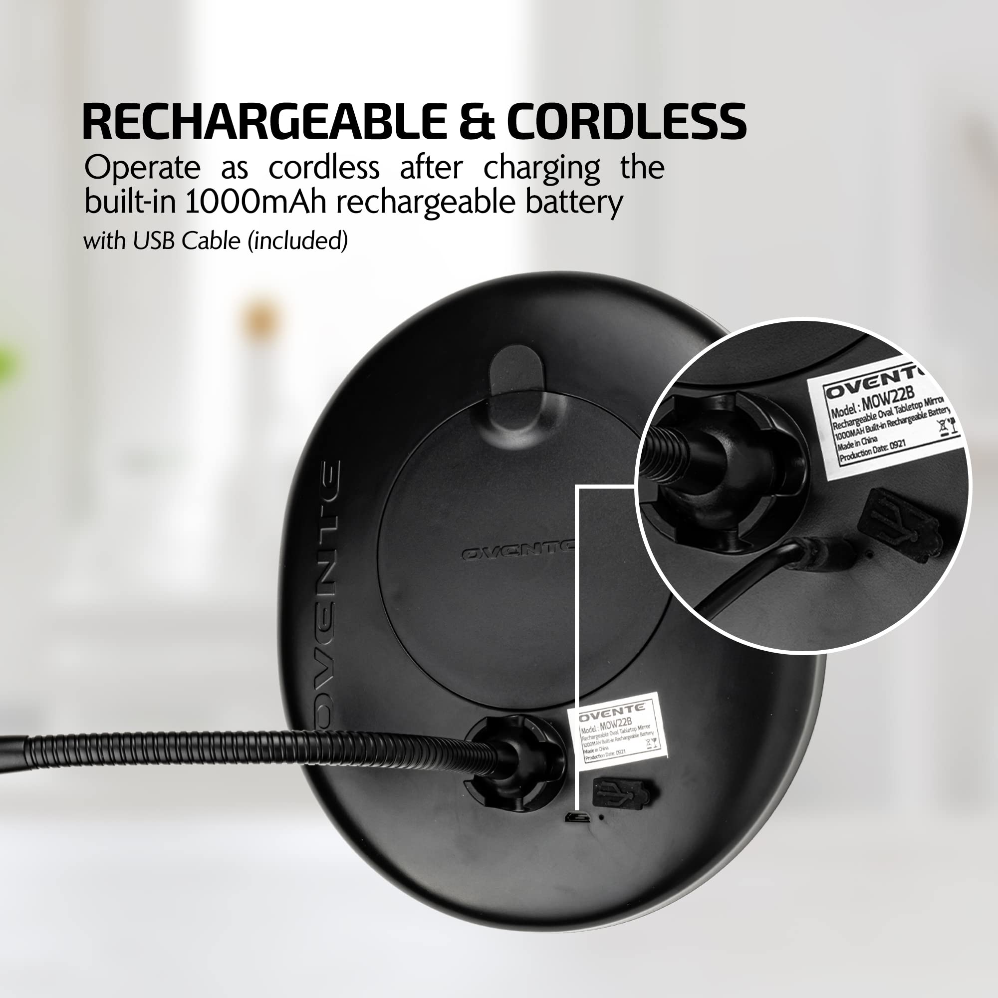 OVENTE 9'' Rechargeable Lighted Wall Mount Makeup Mirror for Bathroom with Mini Magnetic 10X Magnifying Mirror, Touch Screen Dimmable LED Lights, Flexible Gooseneck and Suction Mounting, Black MOW22B