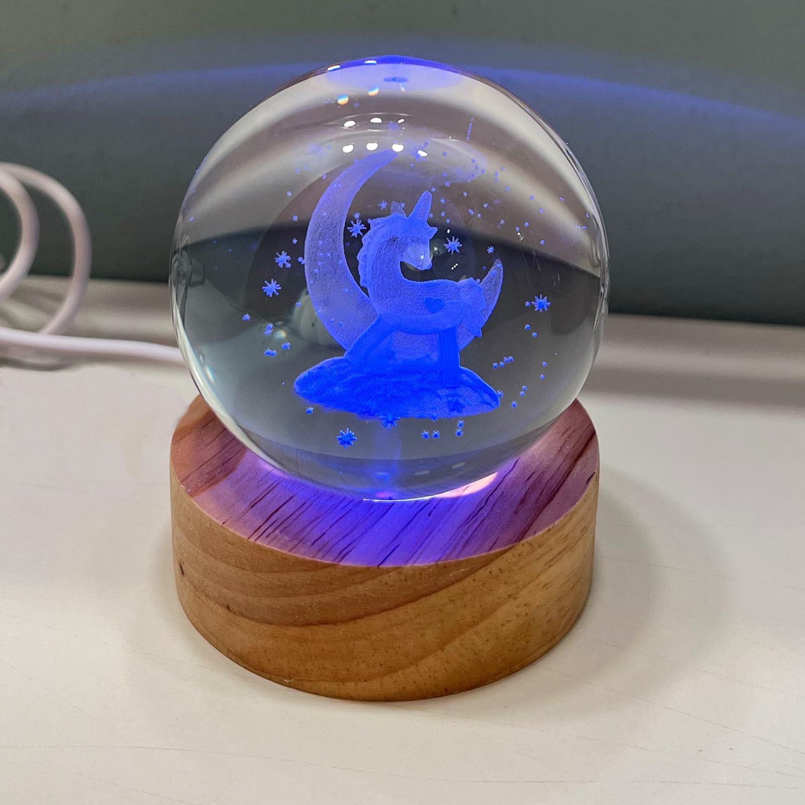 Photo 1 of Cokiyaya Night Light Ball with 3D Crystal, 2 Set, Unicorn Model, Wood Base with Switch, Automatic Color Changing (USB Power), Desktop Decor, Delicate for Anniversary, Birthday