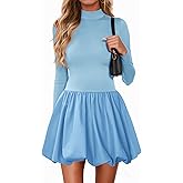 Wenrine Women Long Sleeve Bubble Mini Dress Bodycon Mock Neck Casual 2025 Cocktail Club Party Dresses