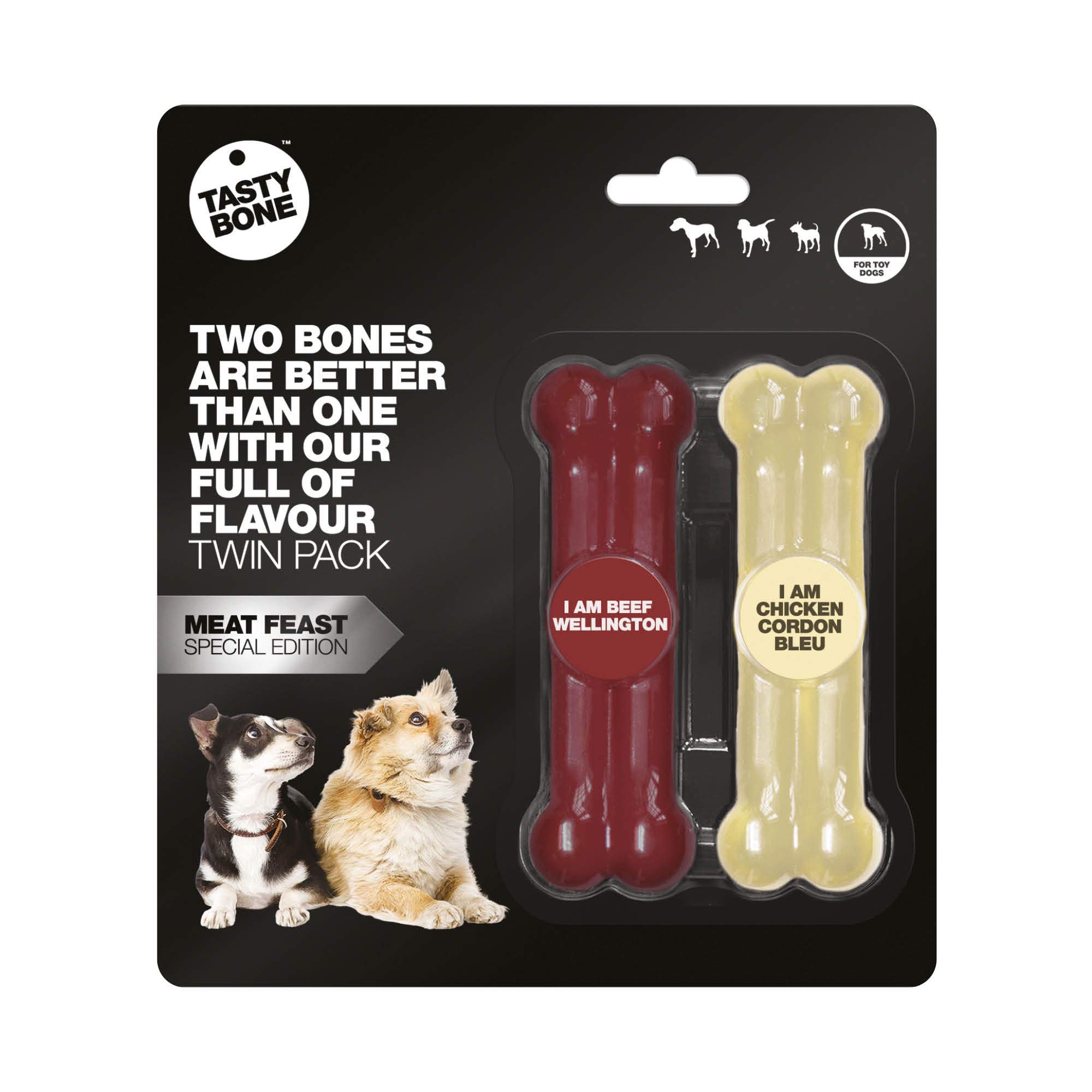 TastyBone Twin Pack Nylon Dog Chew Toys for Toy Dogs (Beef Wellington & Chicken Cordon Bleu) - Indestructible for Aggressive Chewers, Everlasting Flavour, Strong Healthy Teeth, Made in the UK