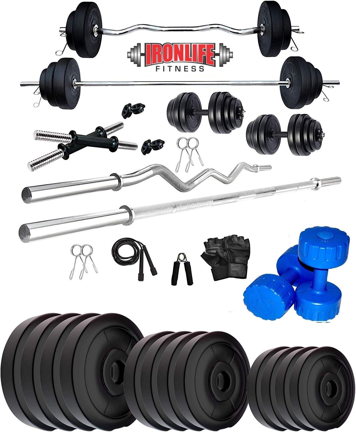 IRONLIFE FITNESS Leather PVC Weight Plates, 5 and 3 ft Rod, 2 D Rods Home Gym Equipments Dumbbell Set (50 Kg)