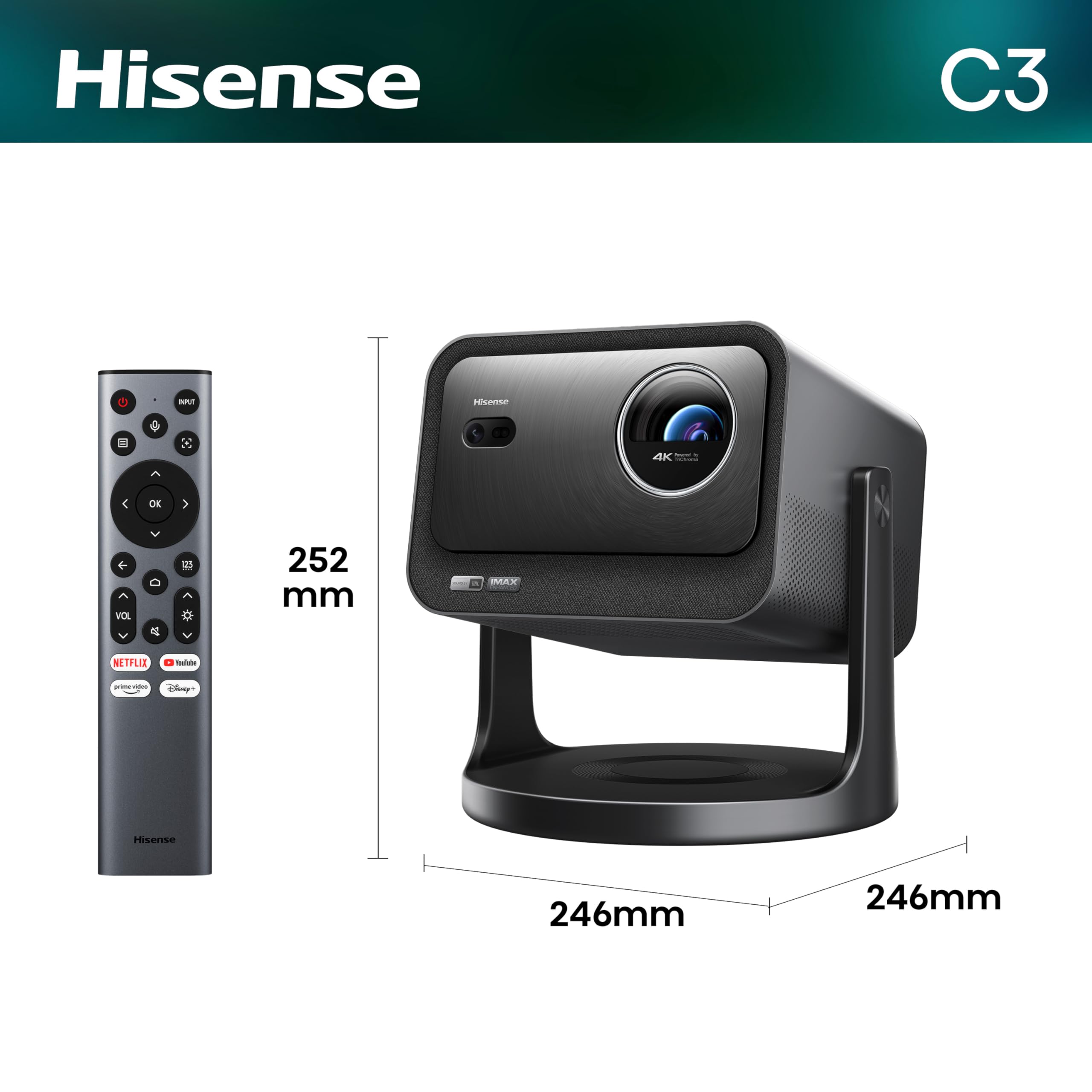 Hisense Laser Mini Projector C3, 65"-300" Projektionsgröße, 4K,IMAX Enhanced,Optischer Zoom1.0-1.3:1,Purer Dreifarbenlaser,2500 Lumen Helligkeit,Dolby Vision,Sound by JBL,3D,240Hz,Gimbal Design 3