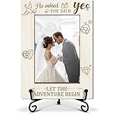 Lesixur He Asked, She Said Yes Engagement Photo Frame, Wedding Bridal Shower Gifts for Newlywed Couple, 4x6 Wooden Picture Frame with Iron Stand for Tabletop Desktop Display, Home Table Decor -038