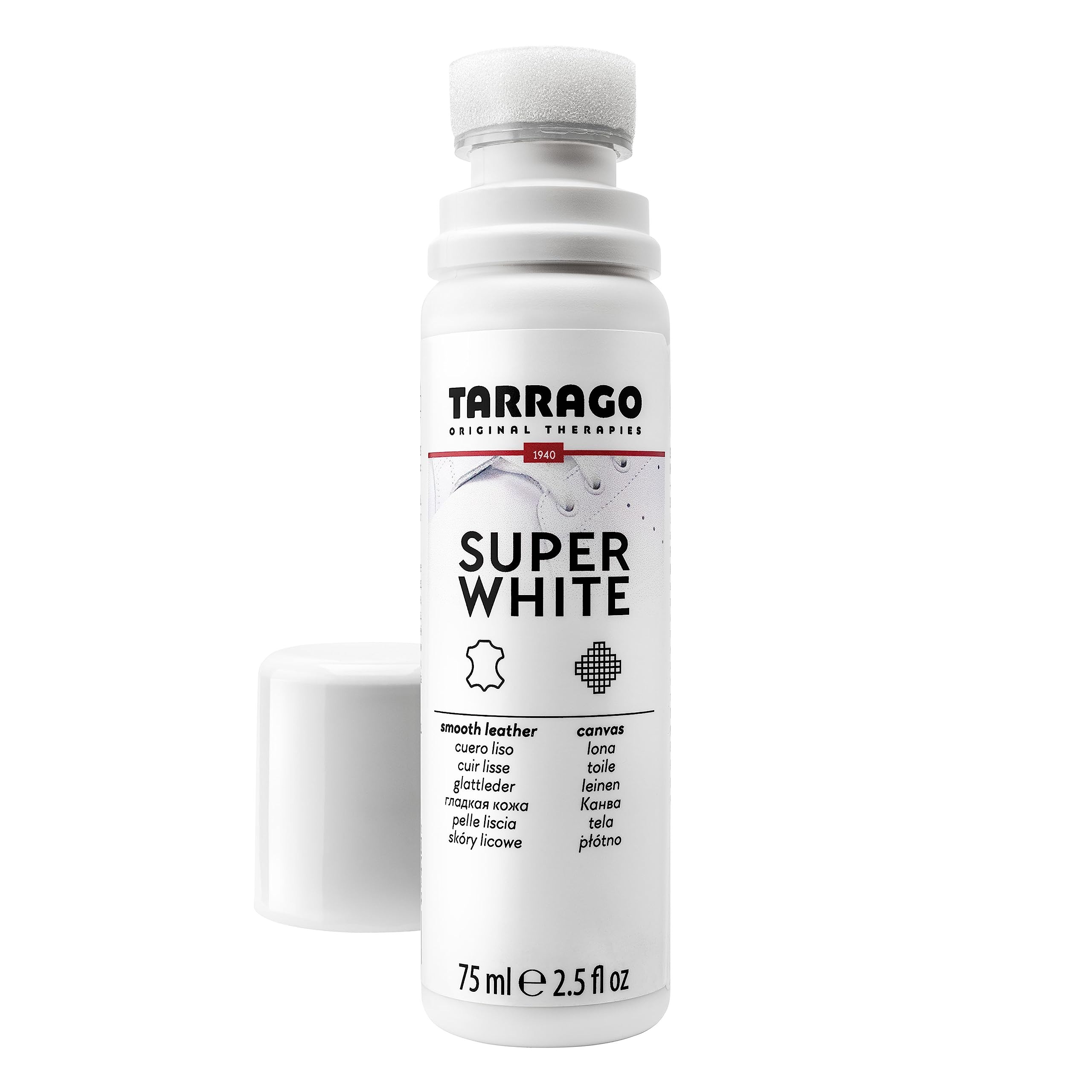 Tarrago Super White 75 ml | Shoe Whitener | Suitable for Any Surface: Leather, Smooth Leather, Synthetic Leather and Canvas | For Shoes and Slippers