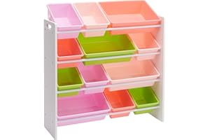 �鶹�� Basics Kids Toy Storage Organizer with 12 Plastic Bins, White Wood with Pink Bins, for Bedroom and Playroom, 33.85" D 