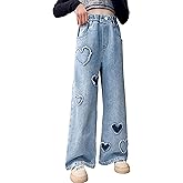 AOWKULAE Girls Jeans Elastic Waist Wide Leg Pants Kids Jeans 4-14 Years