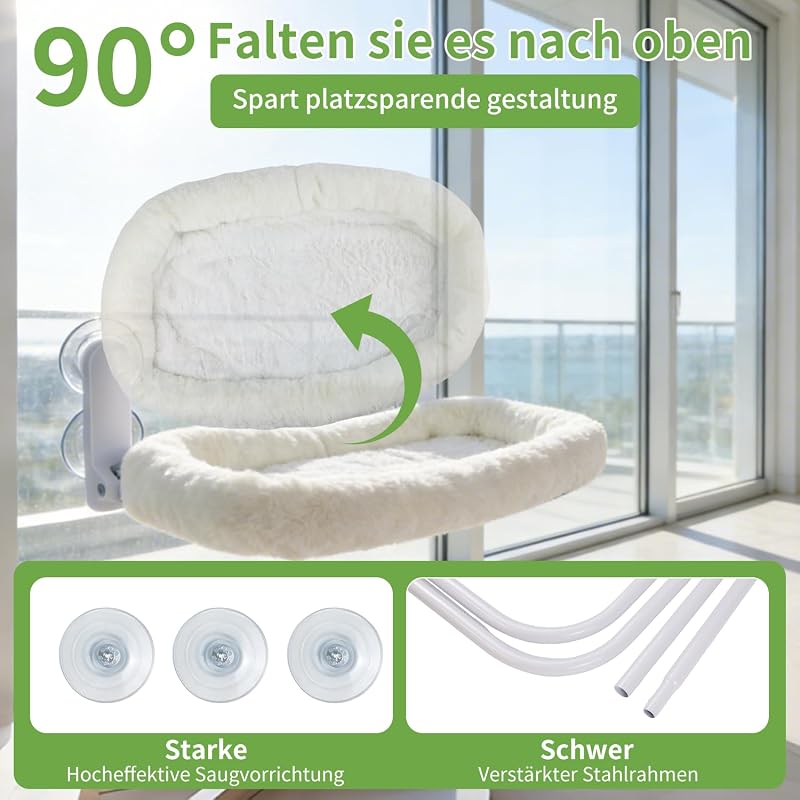 Katzen Fensterliege Hängematte mit Tierhaarentferner Handschuh, Katzen Hängematte mit Abnehmbarem 4-Seiten-Polster & Metallrahmen, Cat Hammock für Große Cat & Kätzchen (Weiß, Größe M)