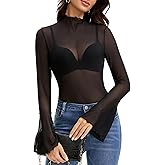 MISMI Mesh Tops for Women Long Bell Sleeve Blouses Sexy See Through Going Out Shirt Sheer Summer Outfits 2025