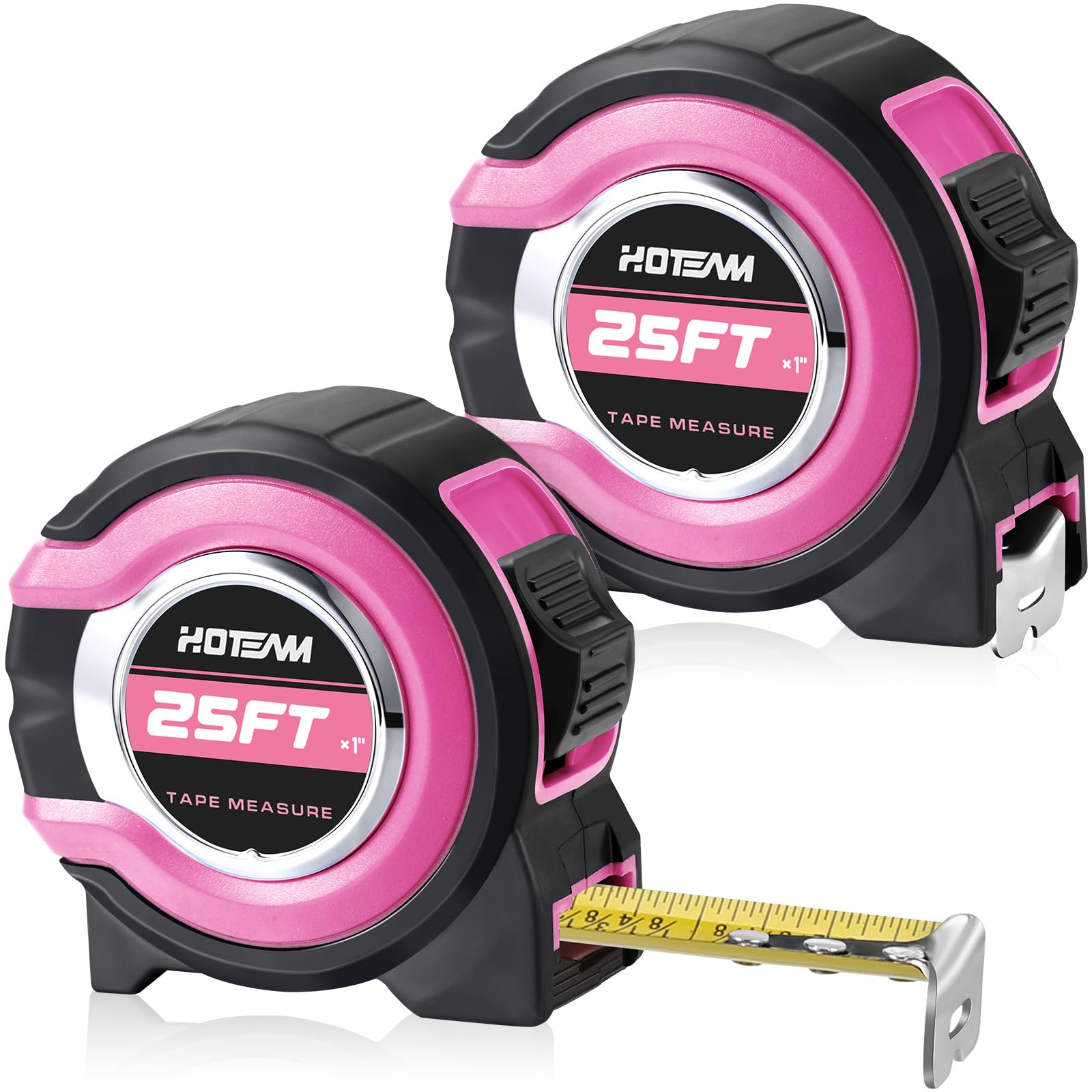 Photo 1 of Hoteam 2 Pcs Pink Tape Measure Retractable with 1/8 Fractions Lightweight Pink Measuring Tape Accuracy 1/32 with Magnetic Hook Lock Button Easy to Read Measurement Tools(25 ft)