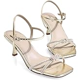 Ankis Kitten Heels Rhinestone Strappy Square Open Toe Gold Silver Ankle Strap Sandals for Women Wedding Party Prom Casual Dress Graduation Gift Comfort Shoes 2.5 Inch