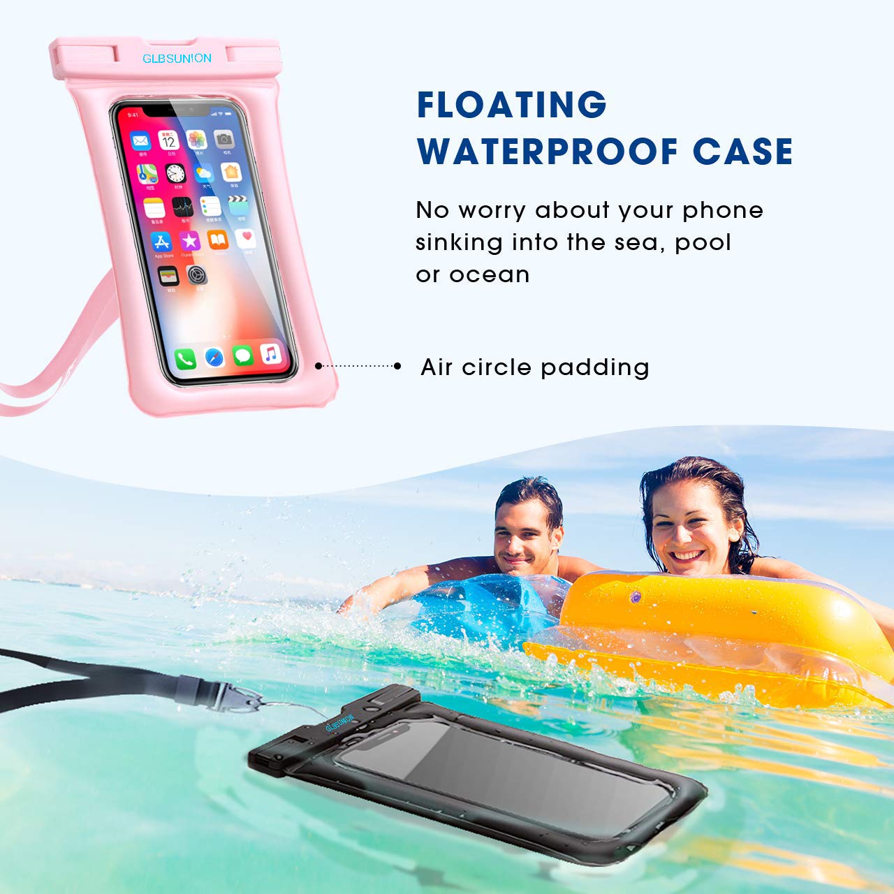 GLBSUNION Waterproof Phone Pouch Floating, IPX8 Universal Waterproof Case Underwater Dry Bag Compatible iPhone Xs Max/Xs/Xr/X/8/8plus/7/7plus Galaxy s9/8 Note 9/8 Google Pixel up to 6.5\