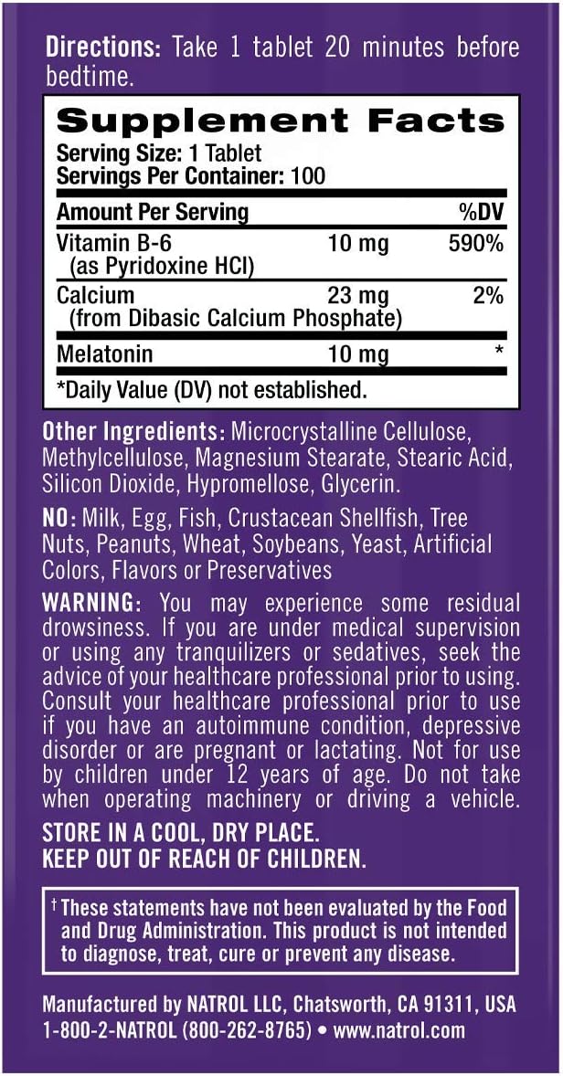 Natrol Melatonin Advanced Sleep Tablets with Vitamin B6, Helps You Fall Asleep Faster, Stay Asleep Longer, 2-Layer Controlled Release, 100% Drug-free, Maximum Strength, 10mg, 100 Count: Health & Personal Care