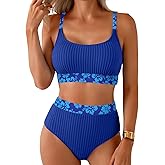 Herseas Women's Textured Bikini Sets Floral Print Trim Scoop Neck Swimsuits High Waisted Bathing Suits