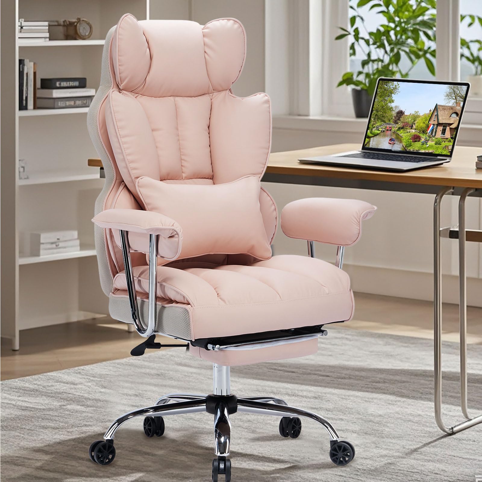 Photo 1 of Efomao Desk Office Chair 400LBS, Big and Tall Office Chair, PU Leather Computer Chair, Executive Office Chair with Foot Rest, Home Office Chair, Pink Office Chair