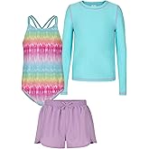 Saint Eve Kids Girls 3-Piece Swimsuit – Long Sleeve Rash Guard, Lined, One-Piece, UPF 50+, Swim Shorts for Pool, Beach, Camp
