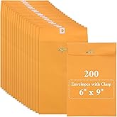 200 Pcs 6 x 9 Manilla Envelopes Clasp Kraft Catalog Envelope with Clasps Closure for Storing Mailing 28 lb Kraft Paper for Office Document Business