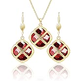 Qinpan 14MM Crystal Pendant Necklace Earrings Sets for Women 14K Glod Plated Jewelry