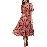 Kormei Women's V Neck Short Sleeve Boho Smocked Long Flowy Summer Dress Wedding Guest Engagement Dresses