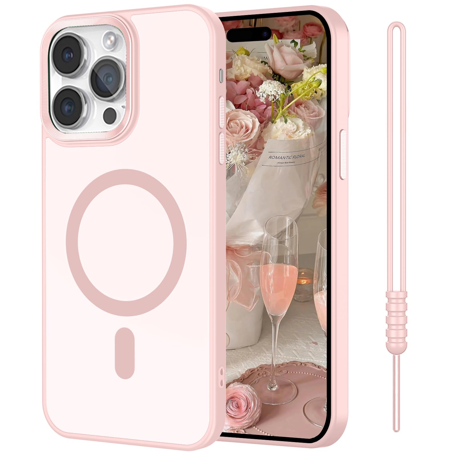 SouliGo Magnetic Case for iPhone 15 Pro Max 6.7”【Compatible with MagSsafe】 Slim Translucent Matte Shockproof Hard PC Cover & Soft TPU Bumper Anti-Scratch Protective Phone Cases with Lanyard - Pink