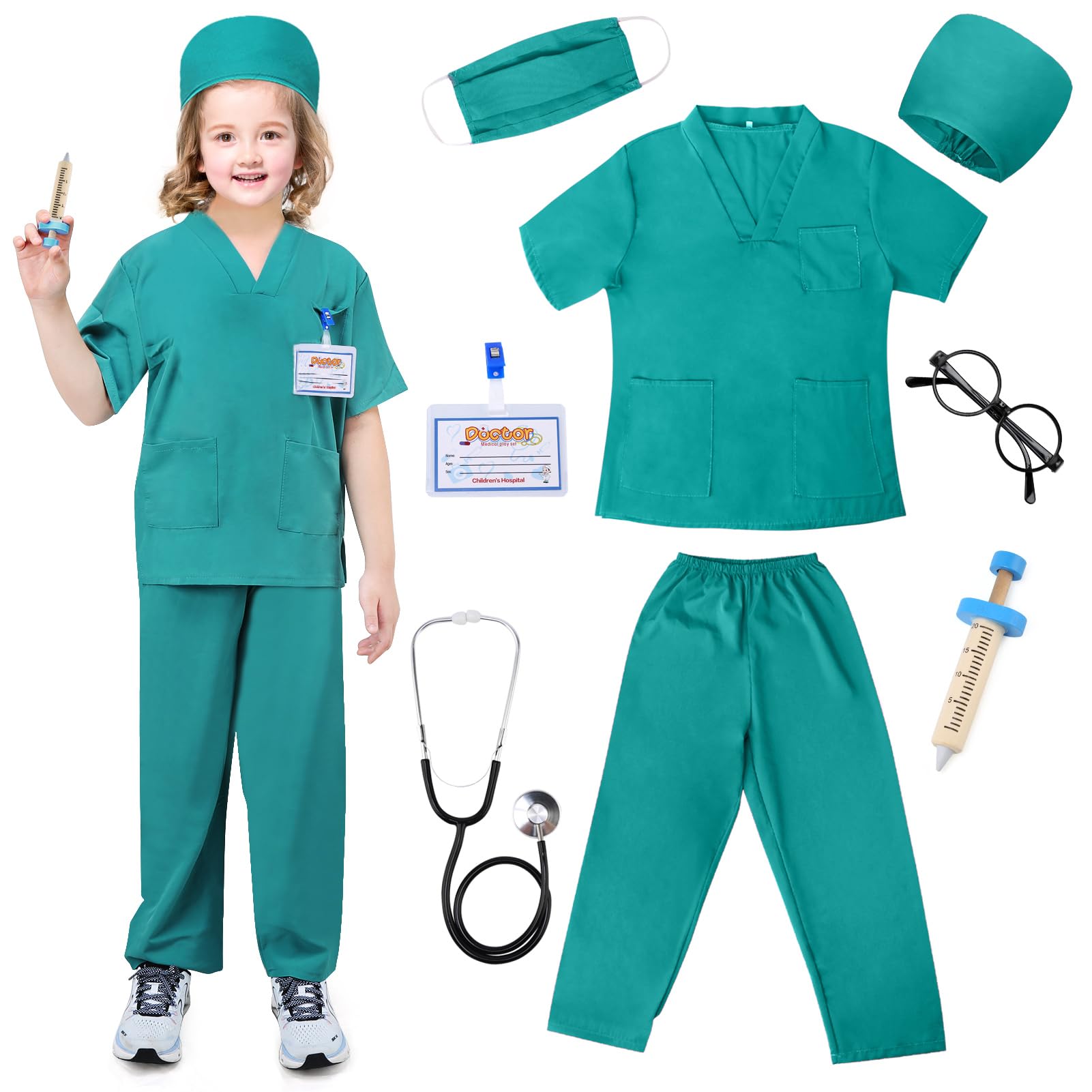 TonStyle Doctor Costume Set for Kids-Kids Toys, Mens and Womens Hospital Doctors Scrub Top Set,Toddler Nurse Scrubs with Accessories Halloween Dress Up Cosplay For Boys Girls 3-11 Years (Green, L) — image 1