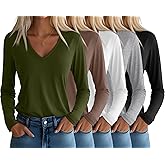 Huukeay 5 Pack Women's T-Shirts V Neck Long Sleeve Tops Casual Loose Fit Layering Shirts Flat Hem Basic Plain Work Tees