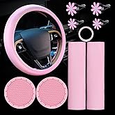 Frienda 10 Pcs Leather Steering Wheel Cover Set for Women 14.5-15 Inch Car Accessories with Seat Belt Shoulder Pad Seatbelt Cover Cup Holder Start Button Ring Sticker Air Vent Clip(Pink)