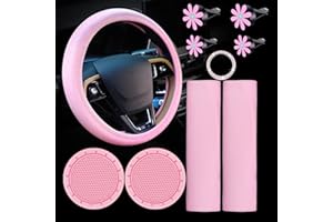 Frienda 10 Pcs Leather Steering Wheel Cover Set for Women 14.5-15 Inch Car Accessories with Seat Belt Shoulder Pad Seatbelt Cover Cup Holder Start Button Ring Sticker Air Vent Clip(Pink)