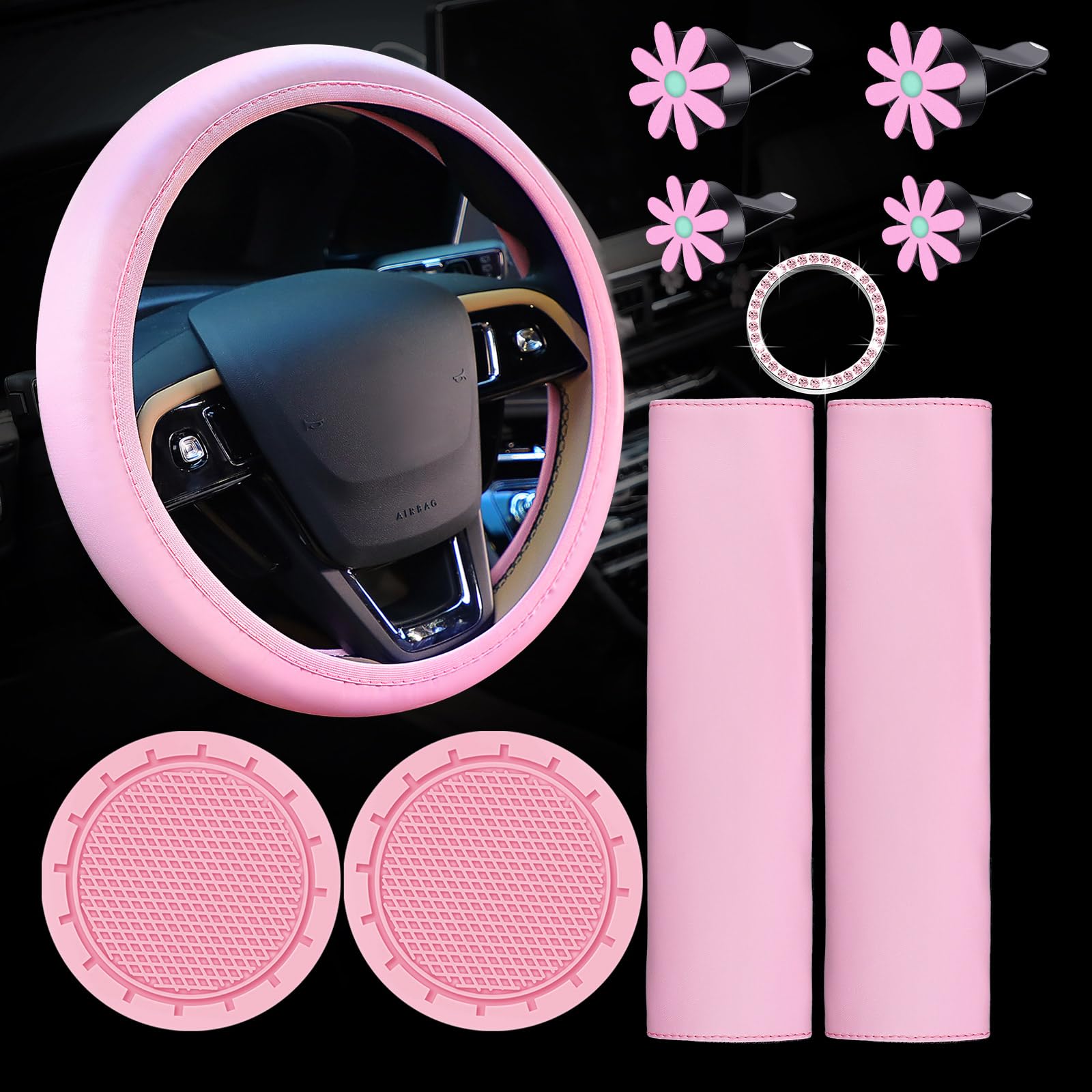 Photo 1 of Frienda 10 Pcs Leather Steering Wheel Cover Set for Women 14.5-15 Inch Car Accessories with Seat Belt Shoulder Pad Seatbelt Cover Cup Holder Start Button Ring Sticker Air Vent Clip(Pink)