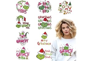 SHANRUN 9 Pcs Christmas Decorations Iron on Patches for Clothes T Shirts- Grinchs Iron on Transfers Decal - Xmas Iron on Letters Christmas Trees Finished Design Vinyl Stickers for Clothing Pillow DIY Decor