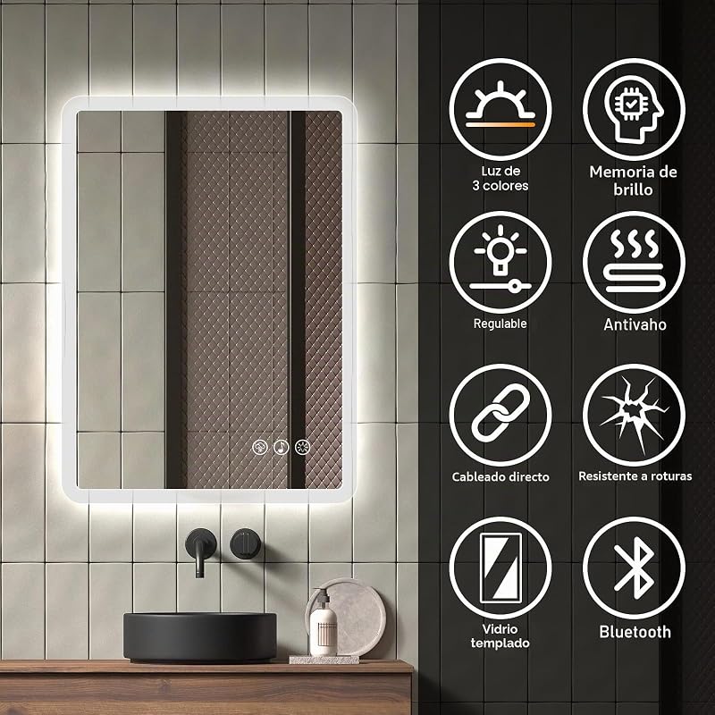 Bluetooth Espejo Baño con Luz 50x70cm, Espejos de Baño con LED con Antivaho, Regulable, 3 Colores Luz, Función Memoria