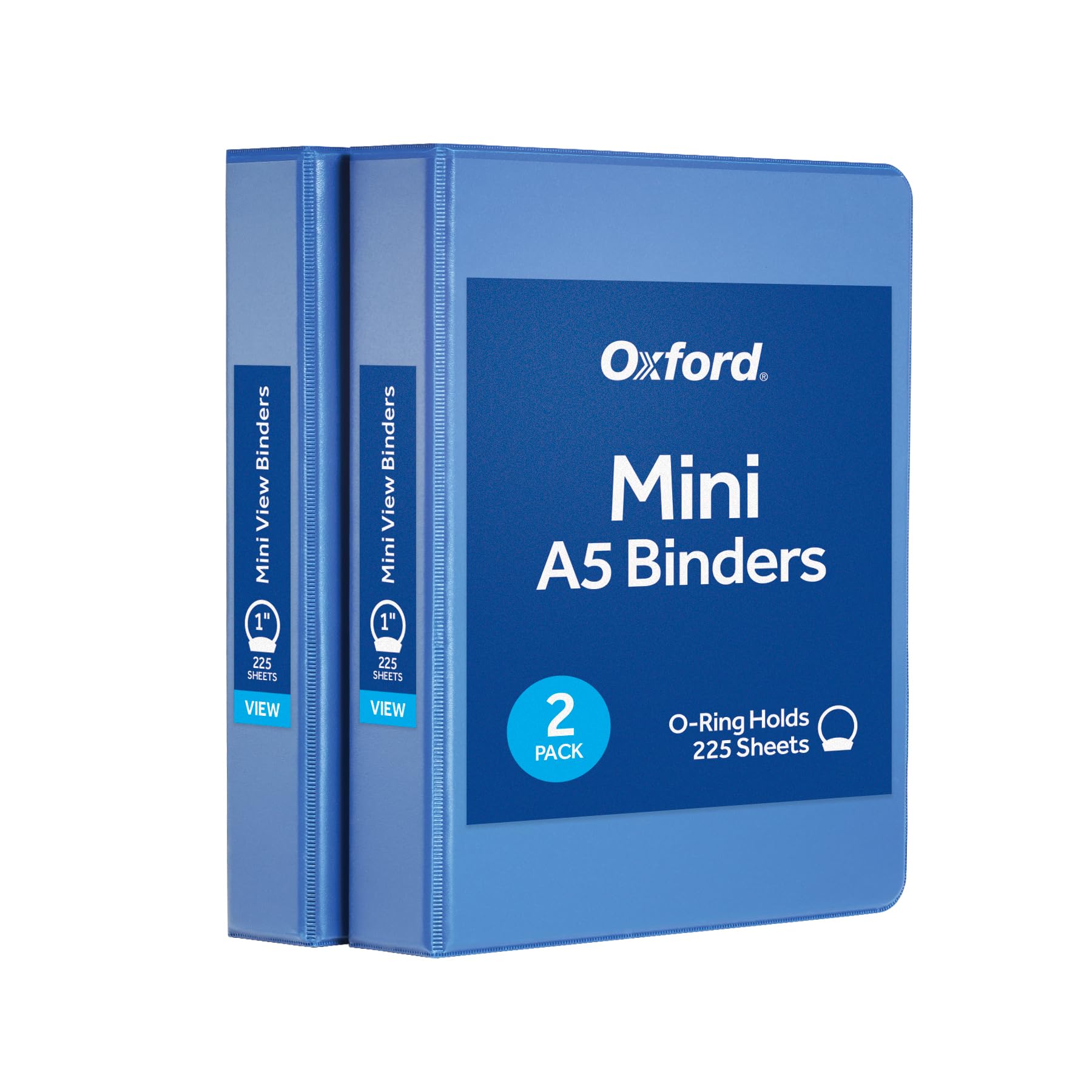 Photo 1 of Oxford Mini View Binders, 1" Round Rings, Small Binders for School or Office, Holds A5 Size Paper, 2 Clear Pockets, PVC-Free, Non-Stick, 5.5 x 8.5 inches, Holds 225 Sheets, Blue, 2 Pack (1017045)
