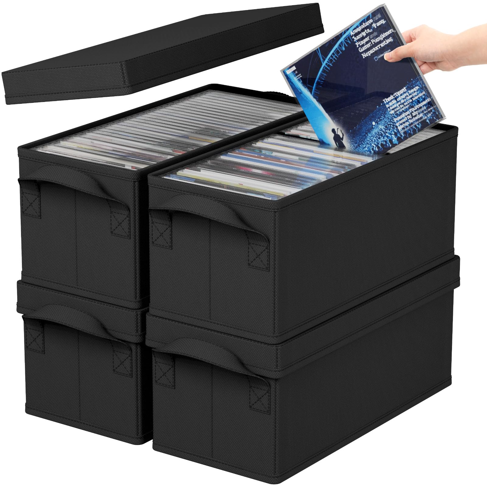 Photo 1 of Lifewit CD Storage Box 4 Packs, Stackable CD Cases holder Organizer 13.2" L x 5.9" W x 5.3" H, Foldable CDs Container with Lid, Handles, Media Organizer Bin for Albums, Hold up to 120 CDs (30 Each)