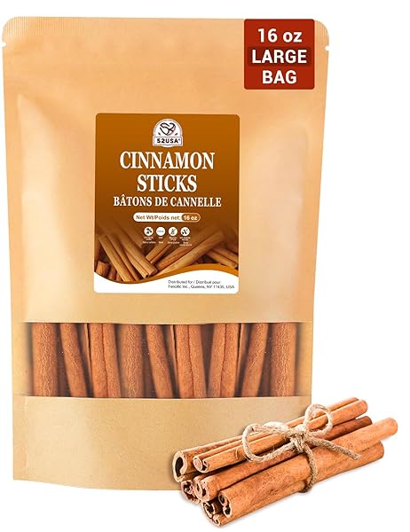 52USA CINNAMON STICKS, CINNAMON 16 OZ (453G), WHOLE CINNAMON STICKS, 100% RAW, KOSHER CERTIFIED, GLUTEN FREE, PURE & FRESH CINNAMON, PERFECT FOR BAKING, COOKING & BEVERAGES